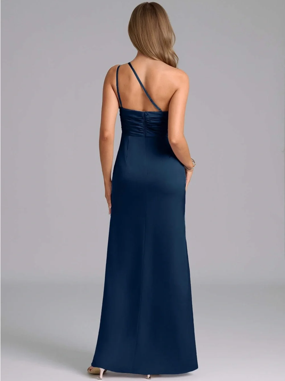 Azazie Navy One-Shoulder Evening Gown with Side Slit - Picture 2 of 2